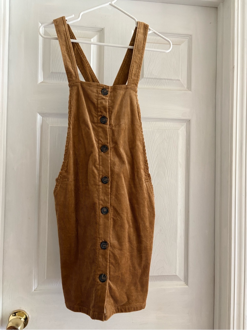 Love Tree Corduroy Button-Front Mini Pinafore Dress in Camel Brown